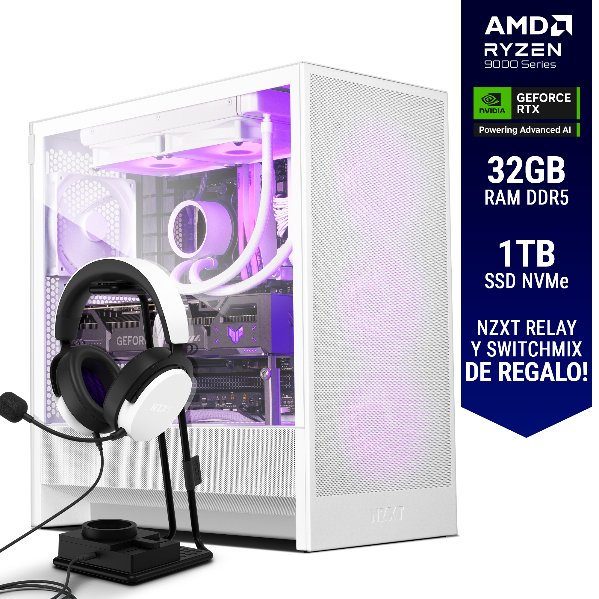 Computadora ULTIMATE PC ZENITH / NZXT EDITION / RTX 5070 12GB GDDR7 / AMD Ryzen 5 9600X / 32GB RAM DDR5 / 1TB SSD M.2 PCIe Gen4 / 850W 80+ GOLD / WiFi y Bluetooth / Licencia Windows 11 de regalo / Headset + SwitchMix de regalo / NZXTULT