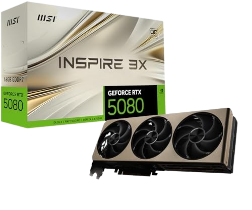 MSI NVIDIA GeForce RTX 5080 16G INSPIRE 3X OC GDDR7 256bit, scheda video con frequenza di boost fino a 2655 MHz, PCIe Gen 5, DLSS 4, 3 porte DP 2.1, 1 porta HDMI 2.1, pronta per SFF