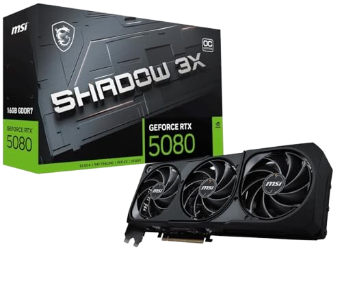 MSI NVIDIA GeForce RTX 5080 16G Shadow 3X OC Carte Graphique Gaming GDDR7 256 Bits, Frequence Boost jusqu'Ã  2655 MHz, PCIe Gen 5, DLSS 4, DP 2.1 x 3, HDMI 2.1 x 1, SFF Ready