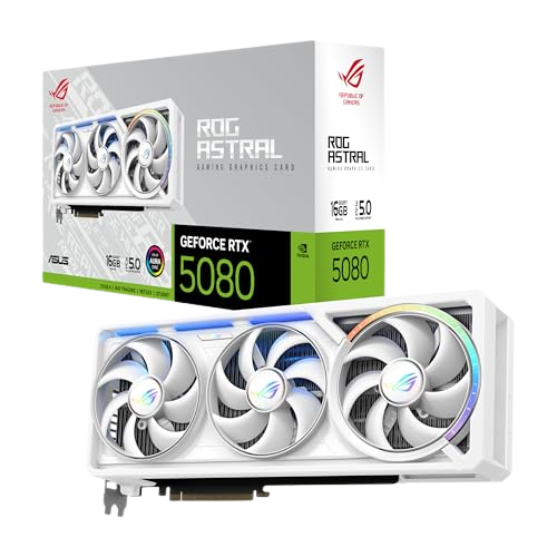 ASUS ROG Astral GeForce RTX 5080 White, Carte Graphique Gaming, PCIe 5.0, 16 Go GDDR7, HDMI/DP 2.1, 3.8 Fentes, 4 Ventilateurs Axial-Tech, Pad Thermique à Changement de Phase