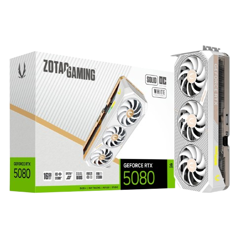 Tarjeta de video ZOTAC NVIDIA GeForce RTX 5080 / Solid OC / WHITE / 16GB GDDR7 / PCI Express 5.0 x16 / ZT-B50800Q-10P / Gratis juego DOOM DA