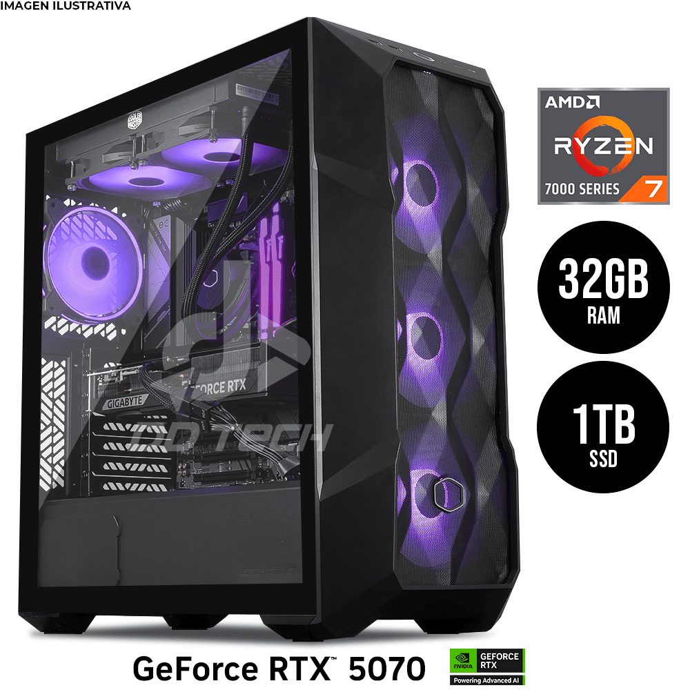 Computadora PRIDE COOLER MASTER PARDO / RTX 5070 / AMD Ryzen 7 7700X / 32GB RAM / 1TB SSD M.2 PCIe / 700W 80+ GOLD / INCLUYE WiFi y Bluetooth