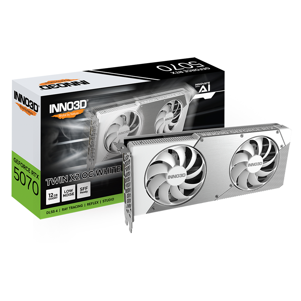 Tarjeta de Video INNO3D NVIDIA GeForce RTX 5070 TWIN X2 OC Edition / 12GB GDDR7 / DisplayPort x3 / HDMI / White / N50702-12D7X-195064W